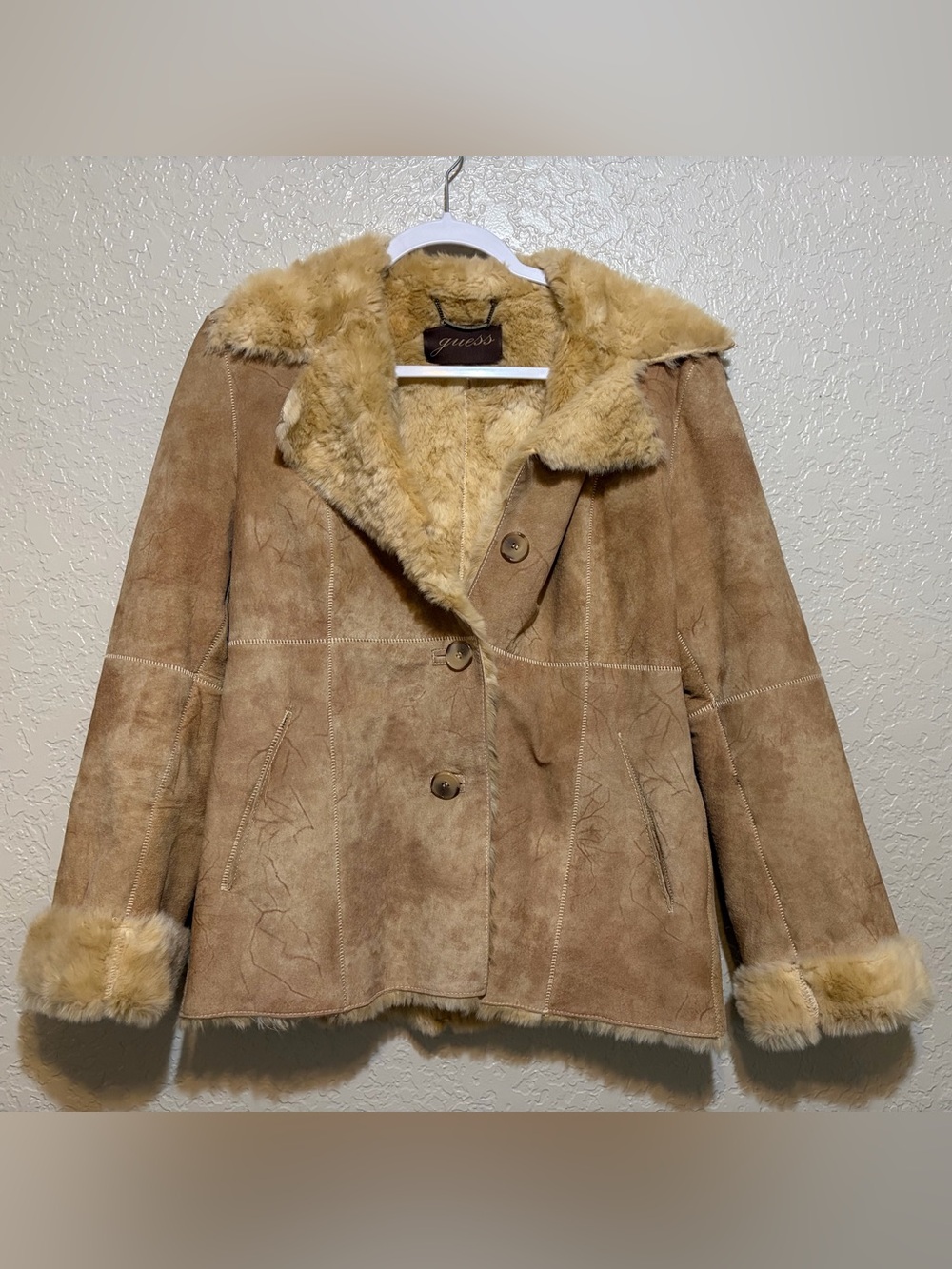 Vintage 90s GUESS Brown Leather Coat Faux Fur